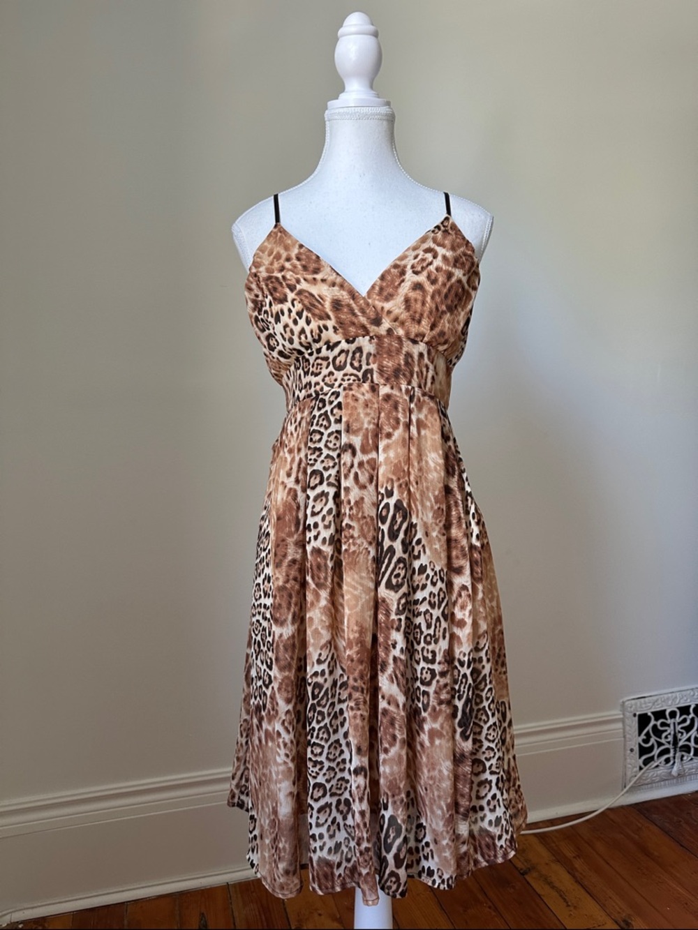 MAJORA Vintage Animal Print Boho Festival Tie Back Strappy Midi Dress Size Large